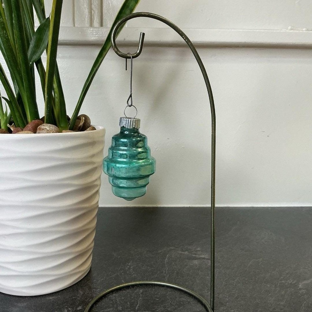 Shiny Brite USA Silvered Blue Mercury Glass Barrel Lantern Ornament
